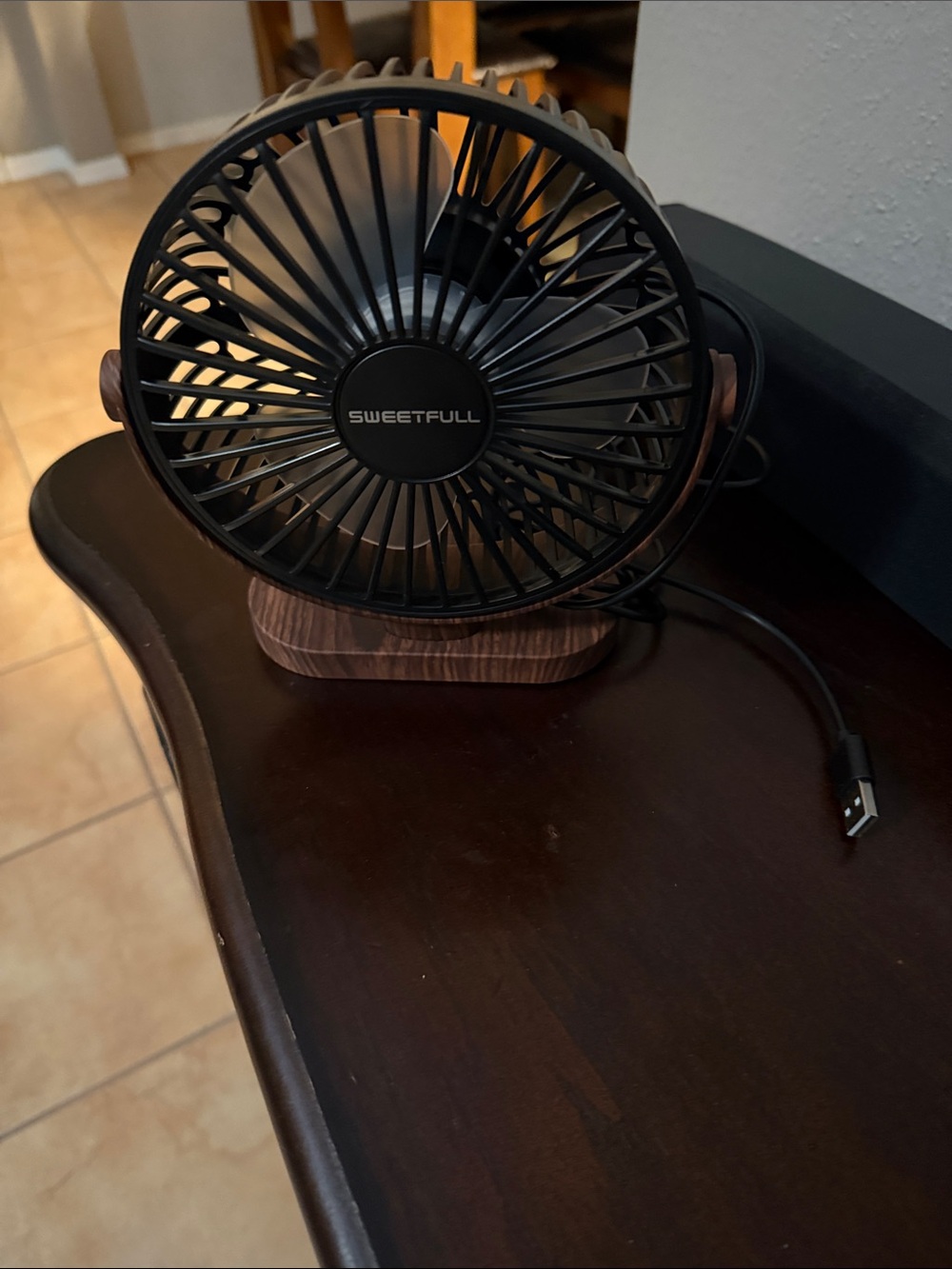 Black USB Desk Fan with Wood-Accent Base